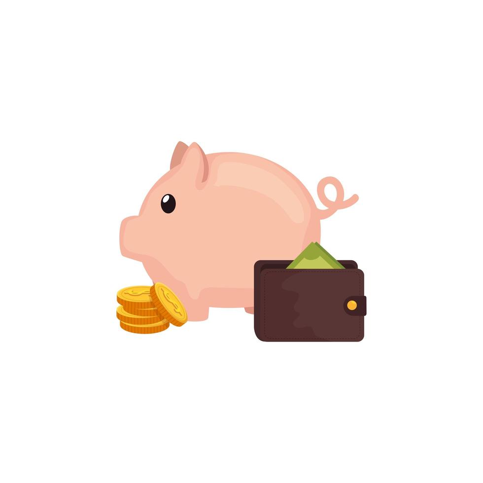 Sparschwein mit Münzen und Geldbörse vektor