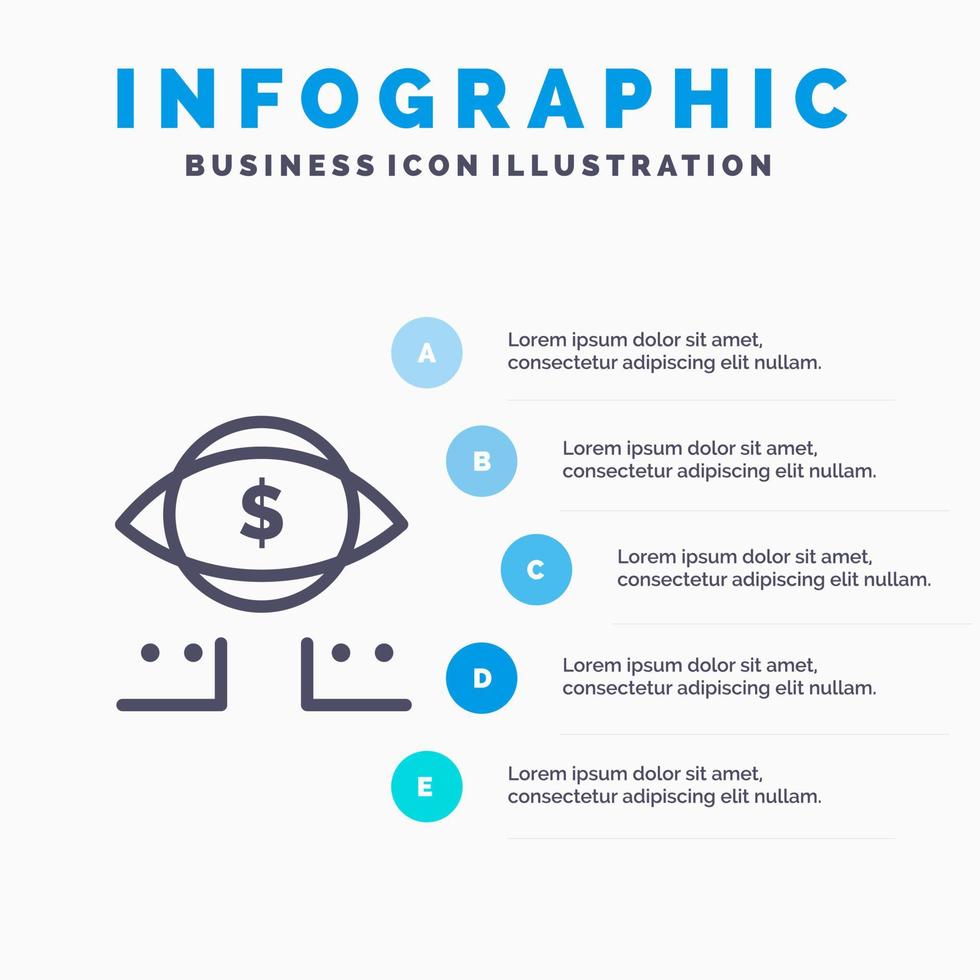 Eye Dollar Marketing Digital Line Icon mit 5 Schritten Präsentation Infografiken Hintergrund vektor