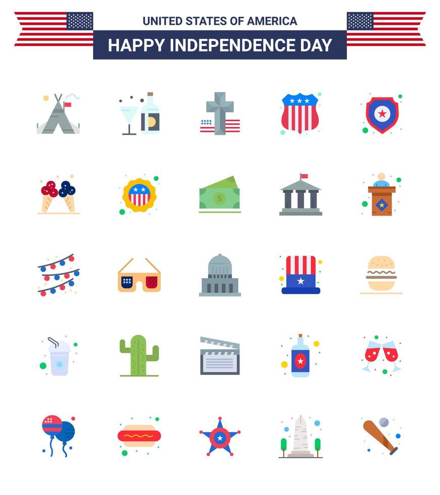 uppsättning av 25 USA dag ikoner amerikan symboler oberoende dag tecken för stjärna skydda glas USA polis bricka redigerbar USA dag vektor design element