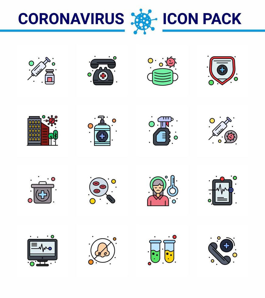 16 flache, farbig gefüllte Linien Virusvirus Corona Icon Pack wie Krankheitsaufbau Gesichtsschutz Krankenversicherung Virus Coronavirus 2019nov Krankheitsvektor Designelemente vektor