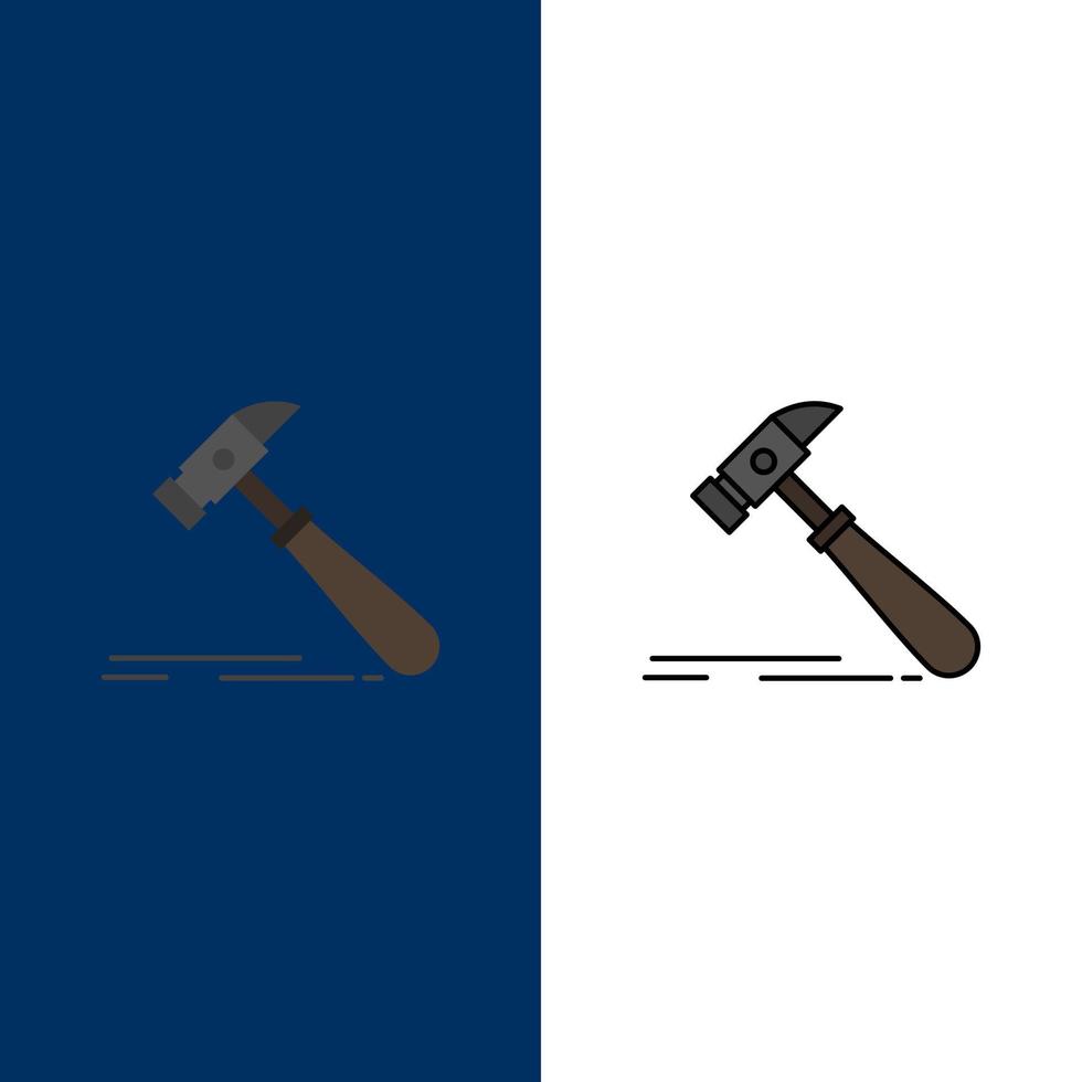 Hammer Bauwerkzeug starke Tischler Symbole flach und Linie gefüllt Icon Set Vektor blauen Hintergrund