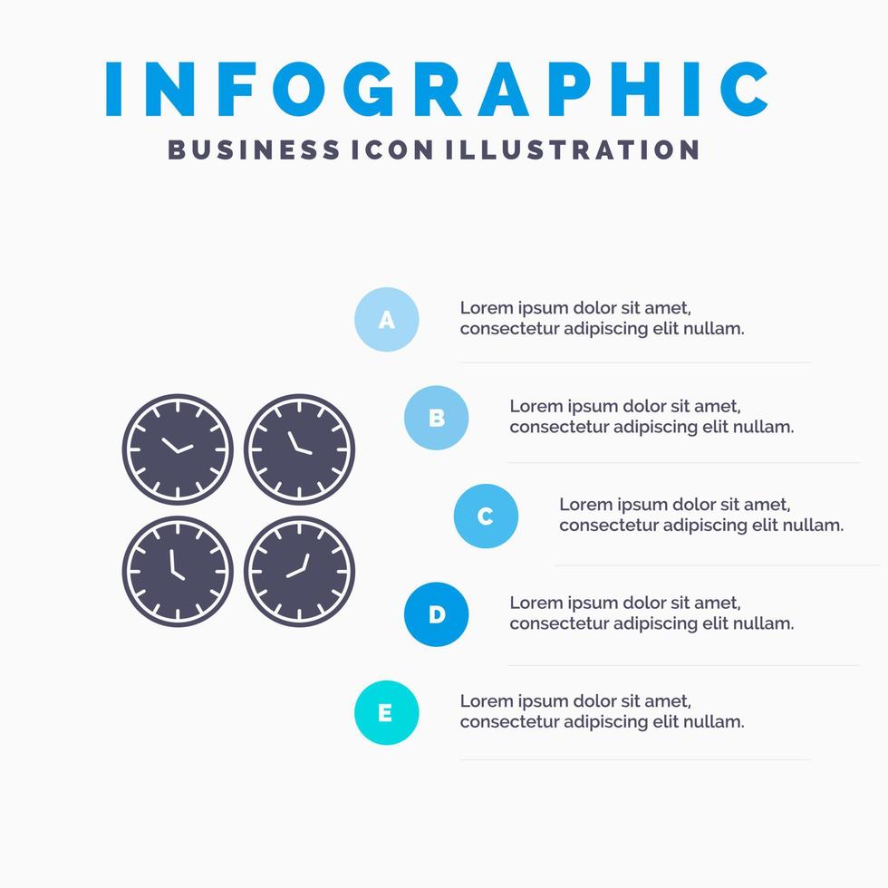 uhr geschäft uhren bürouhren zeitzone wanduhren weltzeit solide symbol infografiken 5 schritte präsentation hintergrund vektor