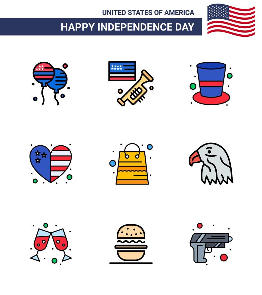 glücklicher unabhängigkeitstag 9 flach gefüllte linien icon pack für web und druckgeld usa amerikanische flagge herz editierbare usa tag vektor design elemente