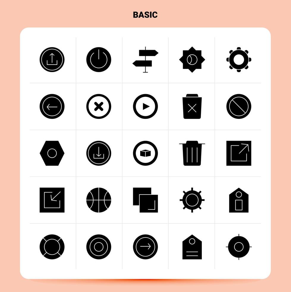 fast 25 grundläggande ikon uppsättning vektor glyf stil design svart ikoner uppsättning webb och mobil företag idéer design vektor illustration