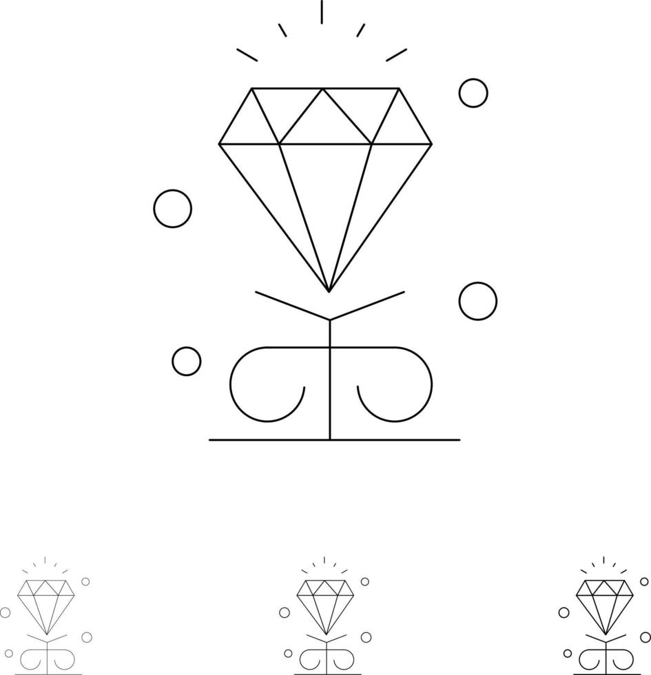 diamant kärlek hjärta bröllop djärv och tunn svart linje ikon uppsättning vektor