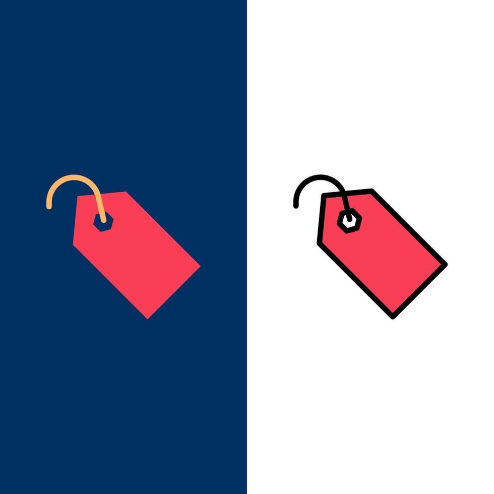 Preisschildetikett Ticketsymbole flach und Linie gefüllt Icon Set Vektor blauen Hintergrund