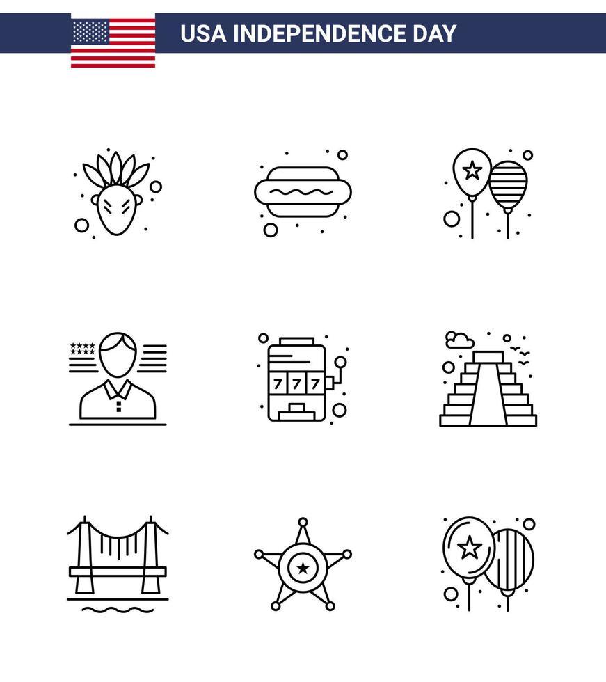 4:e juli USA Lycklig oberoende dag ikon symboler grupp av 9 modern rader av spår kasino fira flagga man redigerbar USA dag vektor design element