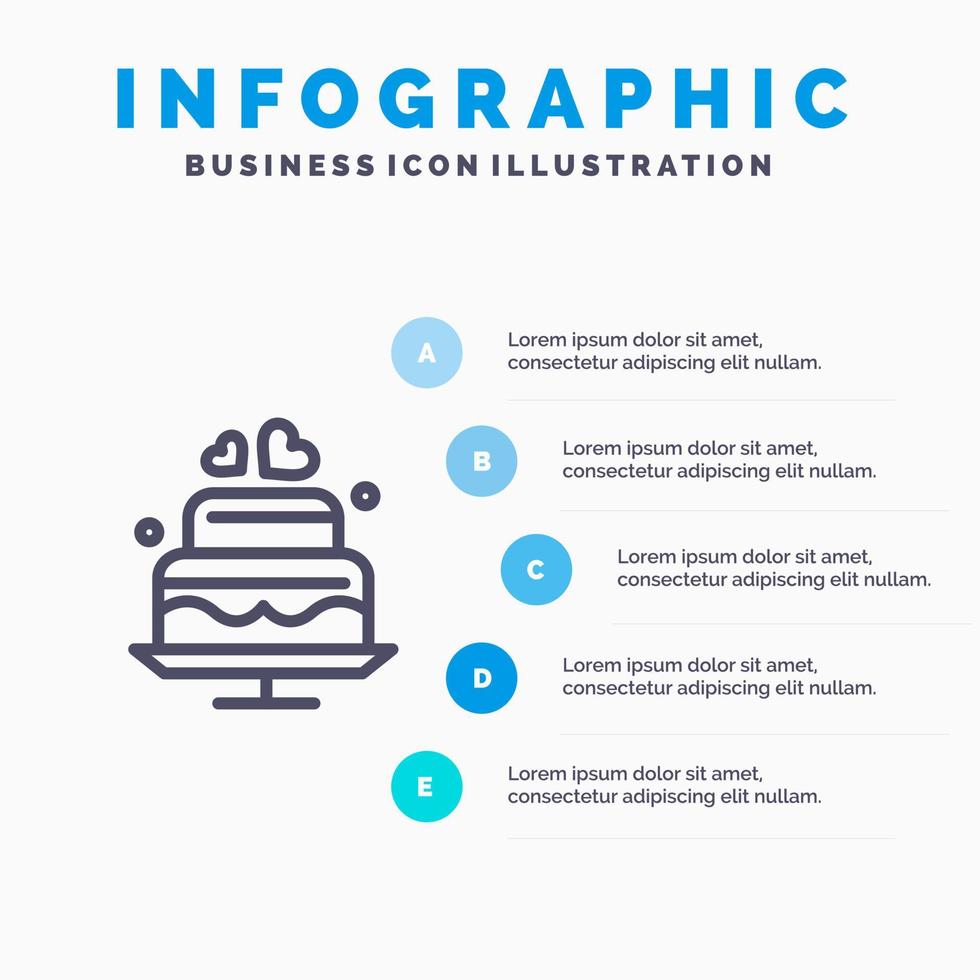 kaka kärlek hjärta bröllop linje ikon med 5 steg presentation infographics bakgrund vektor