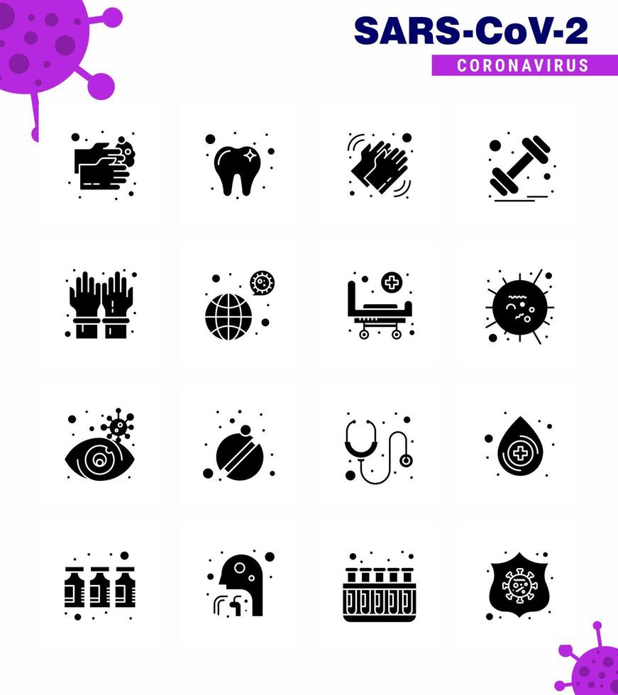 16 solide Glyphen-schwarze Reihe von Corona-Virus-Epidemie-Symbolen wie Handschuhe Gewicht Hände Fitnessstudio Pflege virales Coronavirus 2019nov Krankheitsvektor-Designelemente vektor