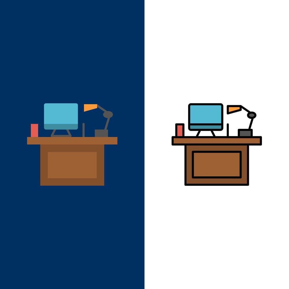 Computer Schreibtisch Desktop Monitor Büro Platz Tisch Symbole flach und Linie gefüllt Symbolsatz Vektor blauen Hintergrund