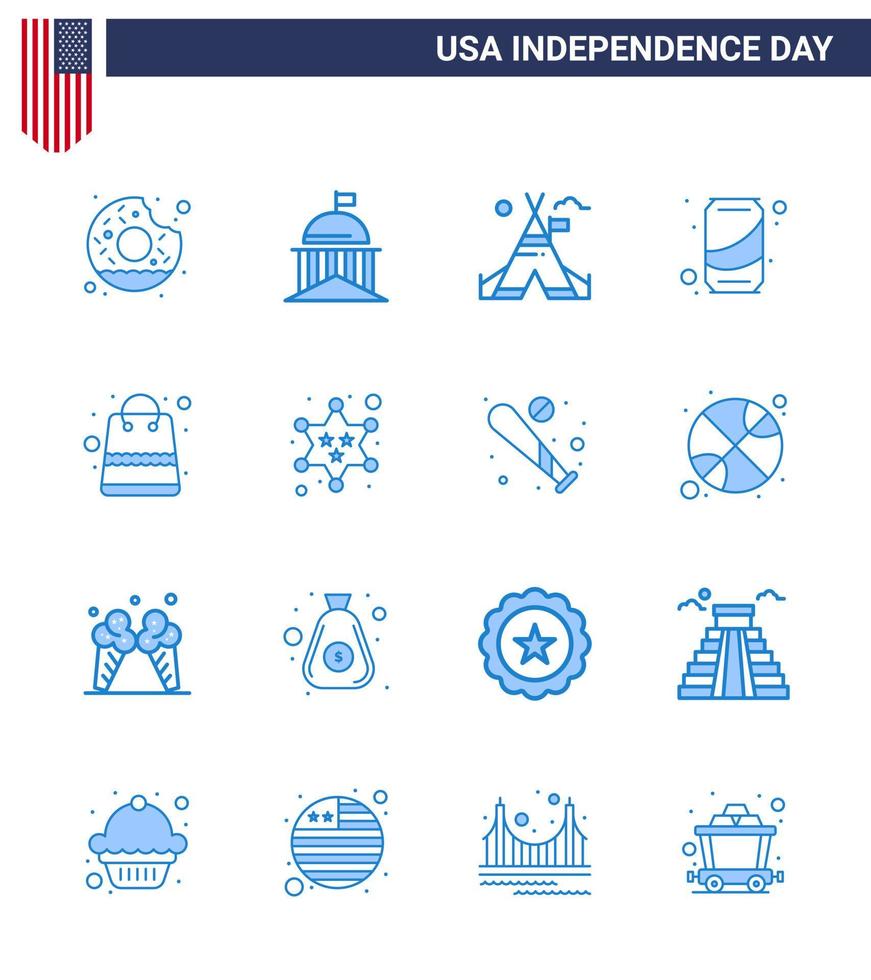 Lycklig oberoende dag 4:e juli uppsättning av 16 blues amerikan pictograph av väska soda irländsk kan amerikan redigerbar USA dag vektor design element