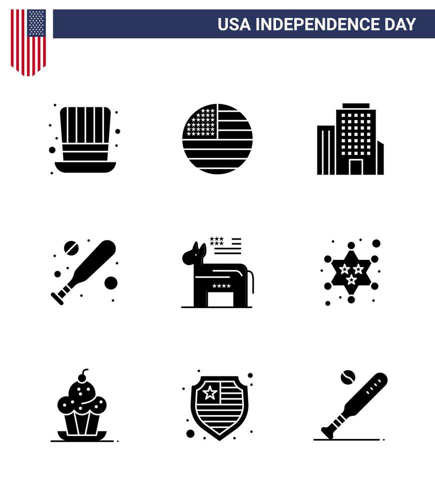 9 usa Solid Glyph Pack of Independence Day Zeichen und Symbole des Symbols American Building Esel Fledermaus editierbare usa Day Vektordesign-Elemente vektor