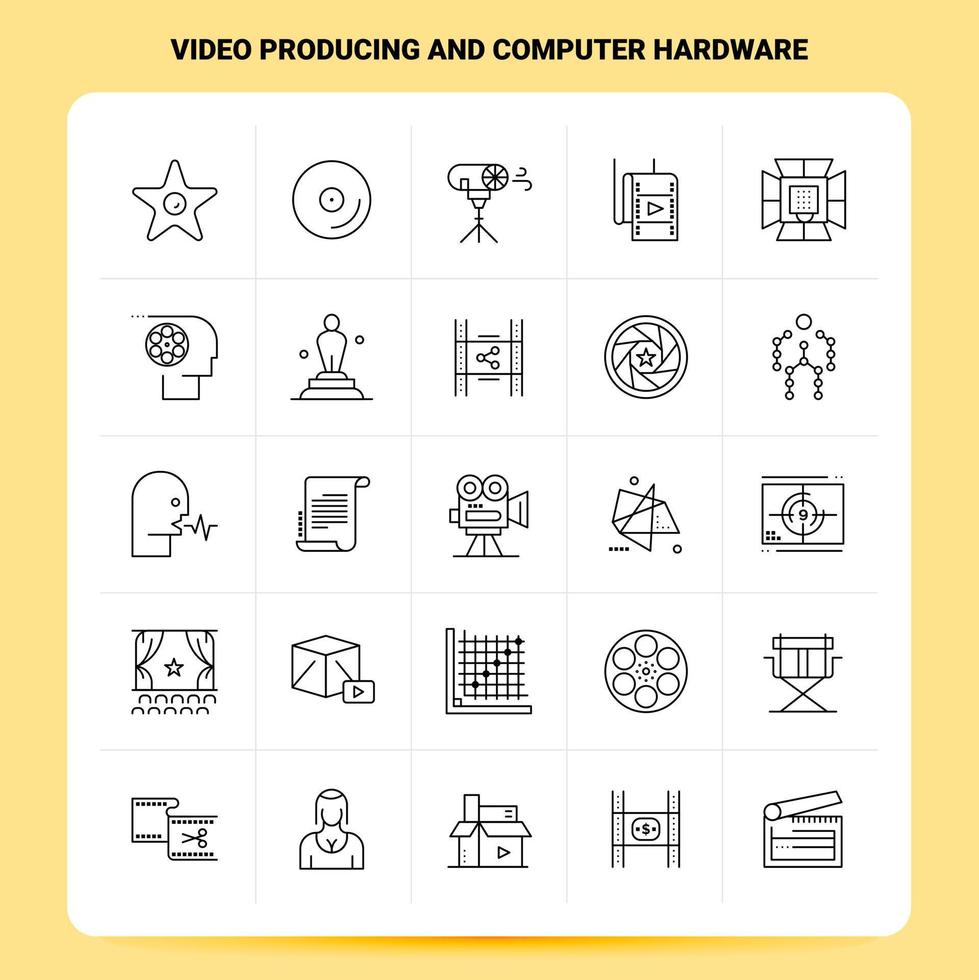 Umriss 25 Videoproduktion und Computerhardware Icon Set Vektor Linienstil Design schwarze Icons Set lineares Piktogrammpaket Web und mobile Geschäftsideen entwerfen Vektorillustration