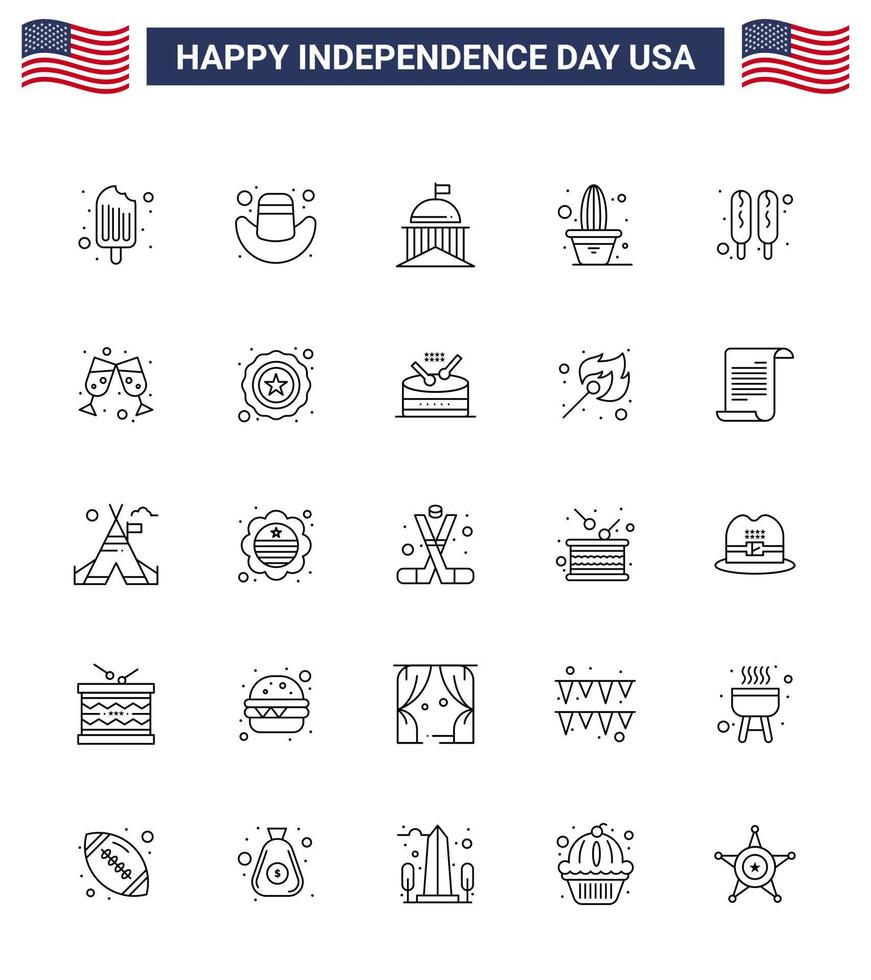 Happy Independence Day Pack mit 25 Zeilen Zeichen und Symbolen für Hot Dog Pot Flag Plant Cactus editierbare Usa Day Vektor Design Elemente