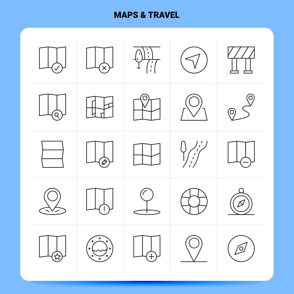 Umriss 25 Karten Reisen Icon Set Vektor Linienstil Design schwarze Icons Set lineares Piktogramm Pack Web und mobile Geschäftsideen Design Vektor Illustration