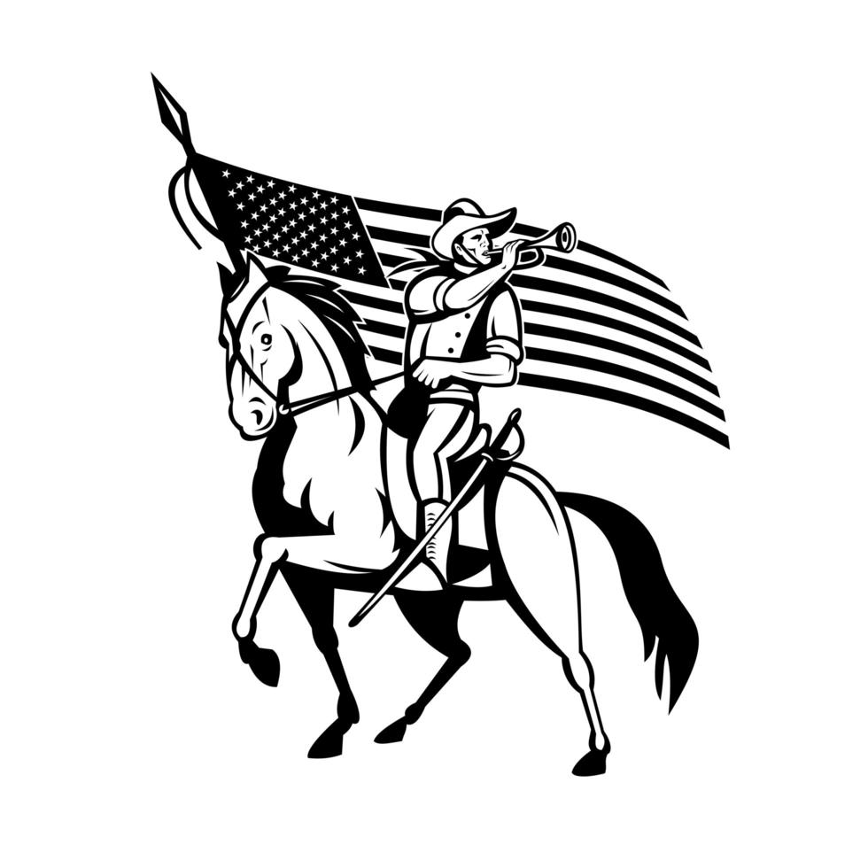 Kavallerie der Vereinigten Staaten auf Pferd bläst Signalhorn mit USA-Flagge vektor