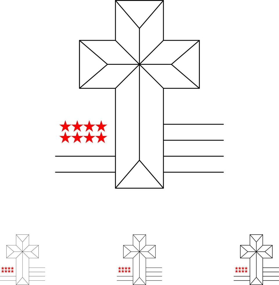 amerikanisches kreuz kirche fett und dünne schwarze linie symbolsatz vektor