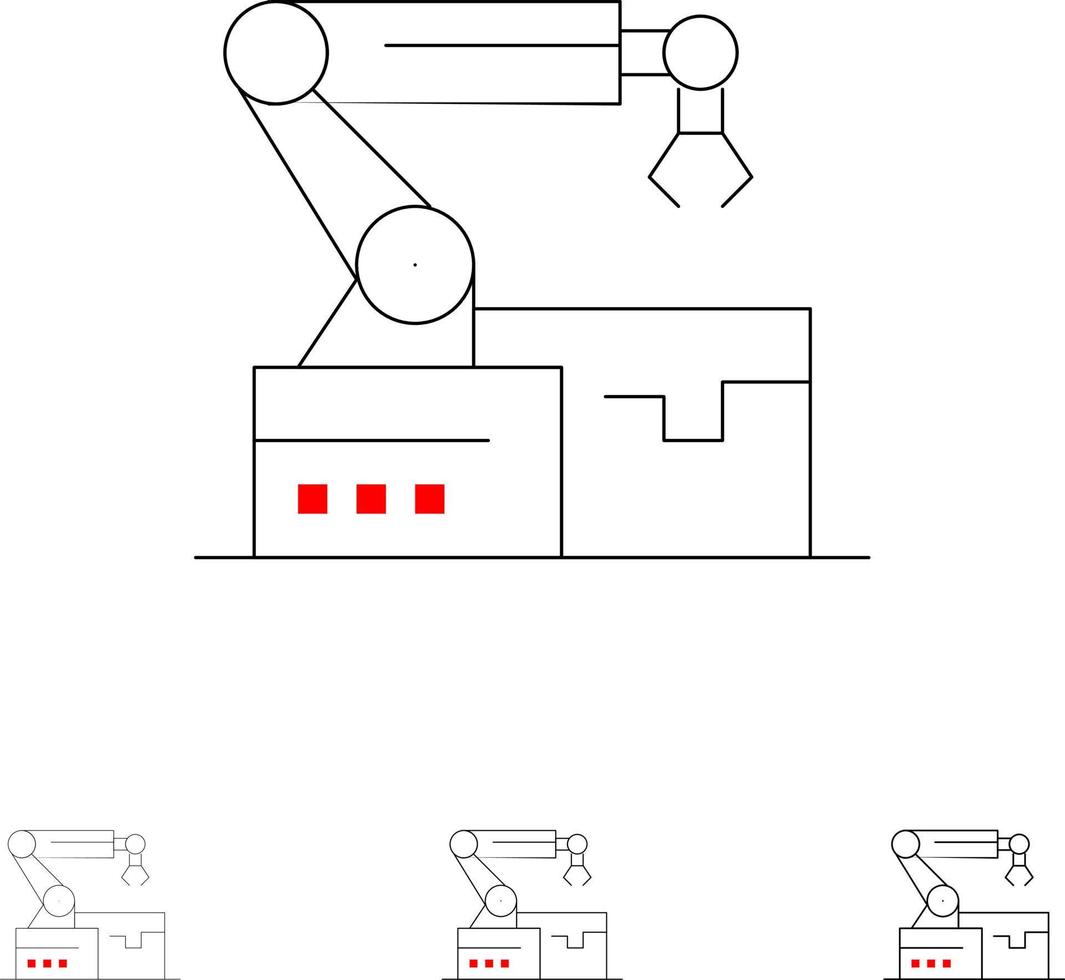 Automatisierte Roboterarmtechnologie fetter und dünner schwarzer Liniensymbolsatz vektor