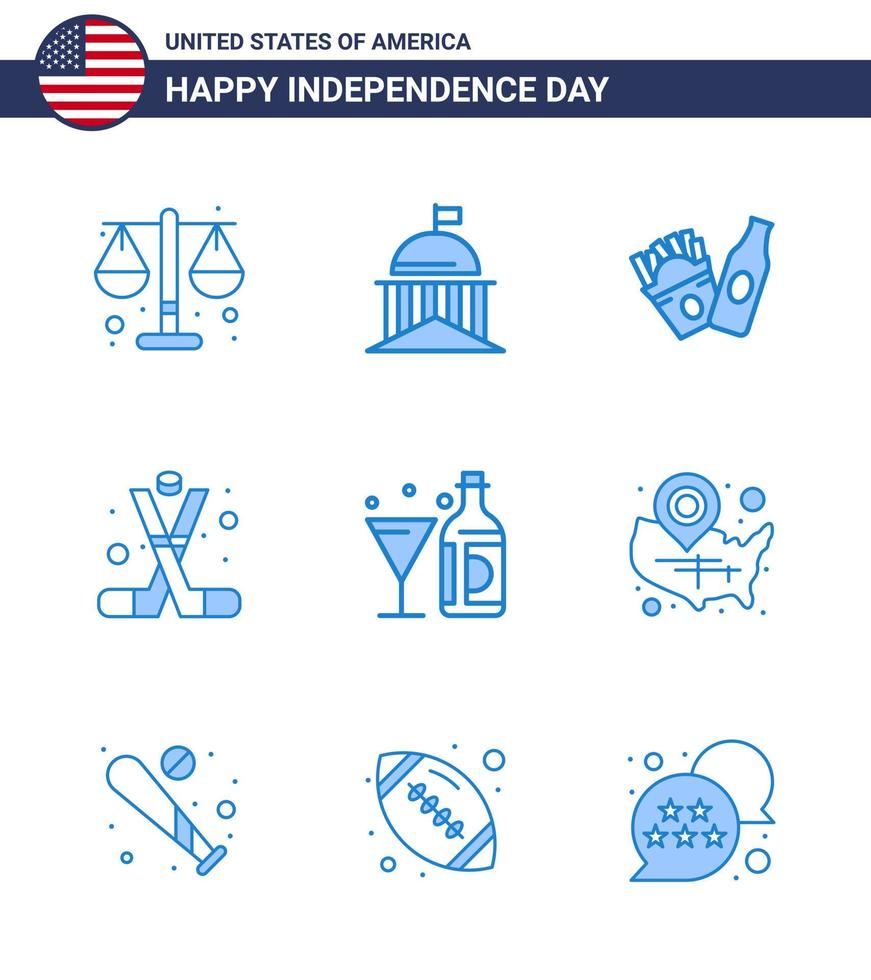 Usa Happy Independence Day Piktogramm Set von 9 einfachen Blues of Drink American Irish Sports Hockey editierbare Usa Day Vektordesign-Elemente vektor
