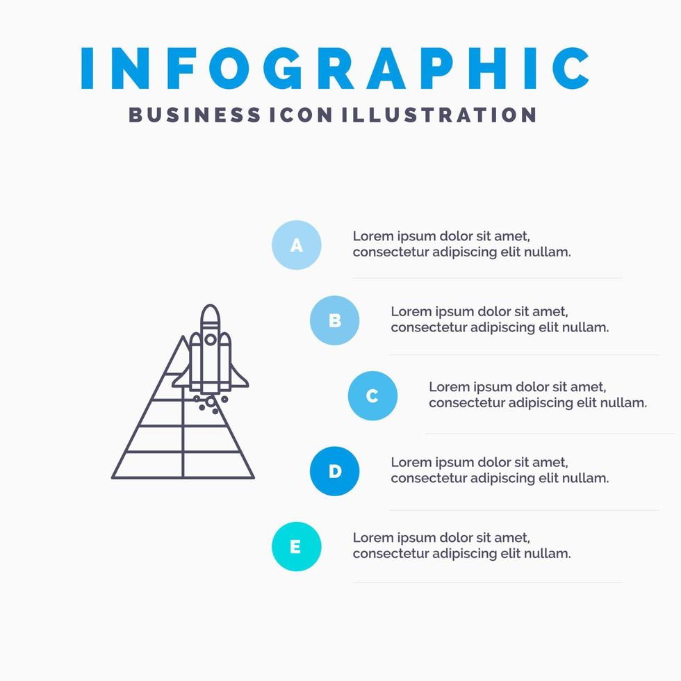 Plats station flygplan rymdskepp lansera linje ikon med 5 steg presentation infographics bakgrund vektor