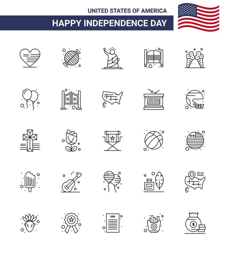 Linienpackung mit 25 Usa-Unabhängigkeitstag-Symbolen der Tagestüren Partybar-Statue editierbare Usa-Tag-Vektordesign-Elemente vektor