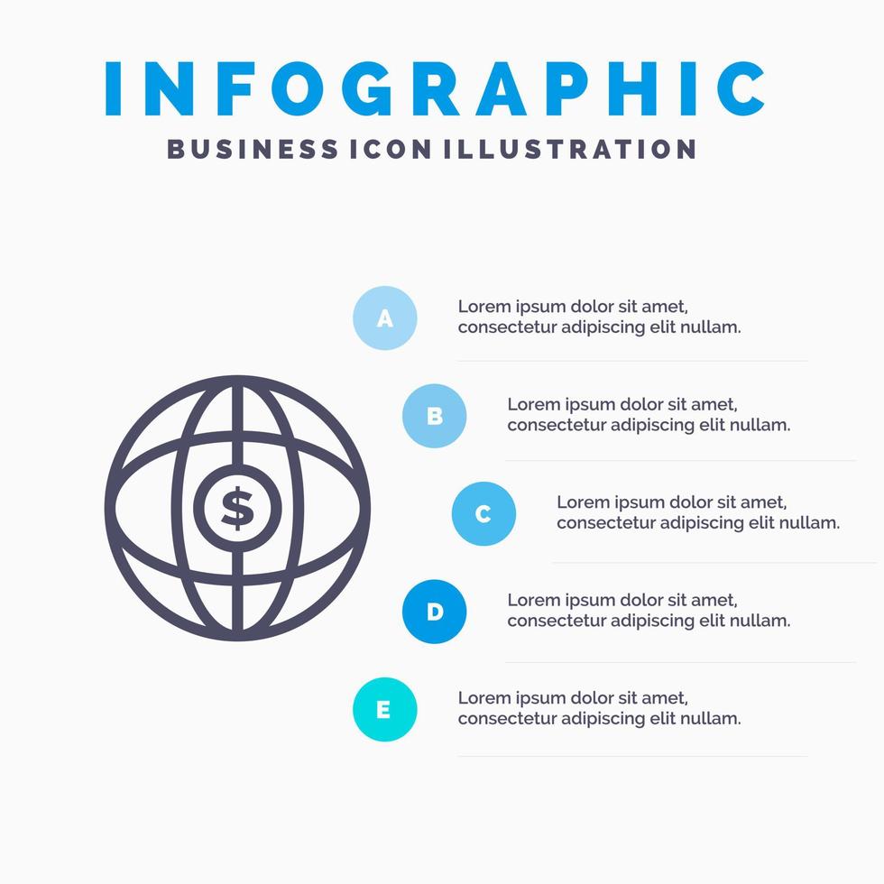 värld klot internet dollar linje ikon med 5 steg presentation infographics bakgrund vektor