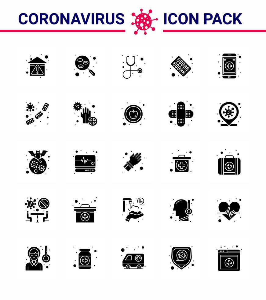 25 Solid Glyph Virus Corona Icon Pack wie medizinische Pillen probieren medizinisches Stethoskop virales Coronavirus 2019nov Krankheitsvektor-Designelemente vektor