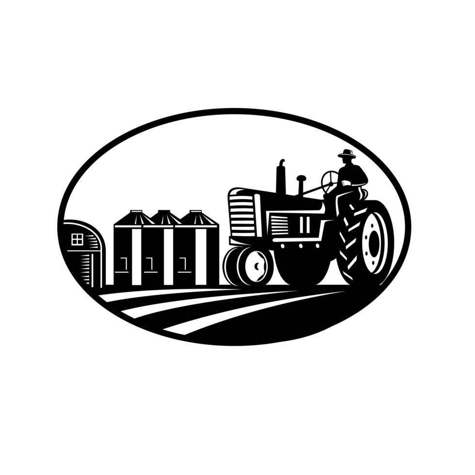 bonde som kör vintage traktor med ladugård och silo oval vektor