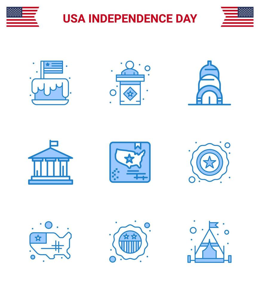 4. juli usa glücklicher unabhängigkeitstag symbol symbole gruppe von 9 modernen blues der flagge usa zeichen amerikanische bank editierbare usa tag vektor design elemente