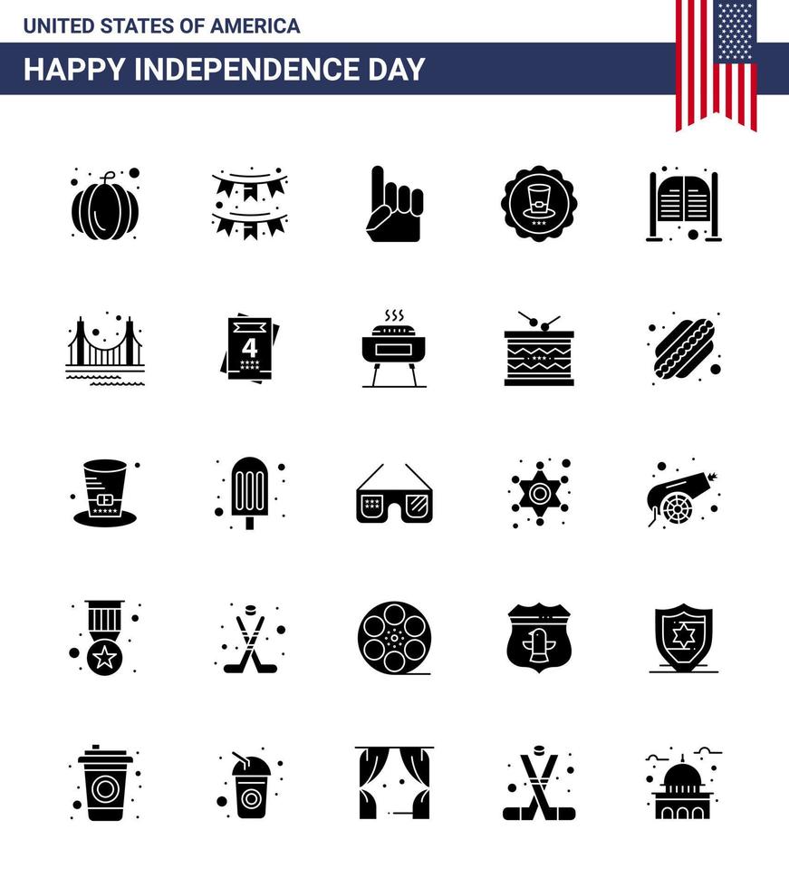 Happy Independence Day Packung mit 25 soliden Glyphenzeichen und Symbolen für Türen USA-Schaumstoff-Handzeichen-Glas editierbare USA-Tag-Vektordesign-Elemente vektor