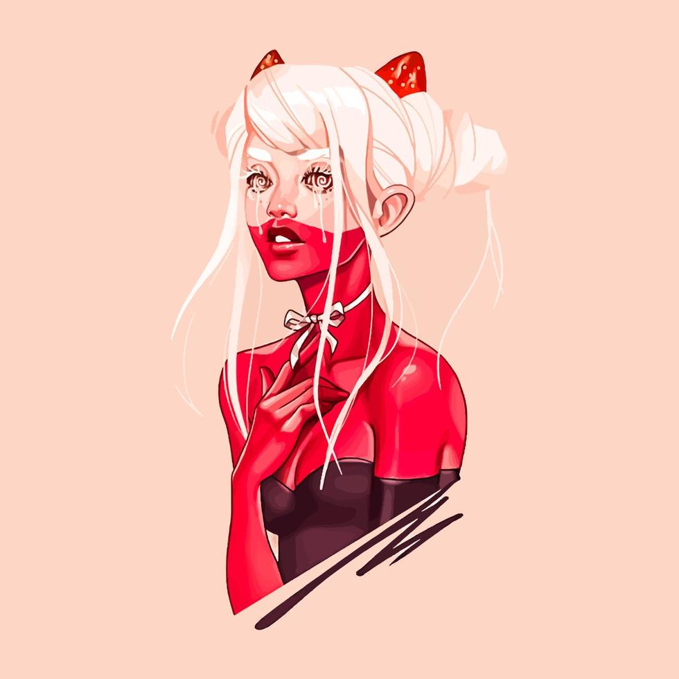 demonisk anime flicka med jordgubb horn på henne huvud och en rosett på henne nacke. eleganta trendig illustration. vektor