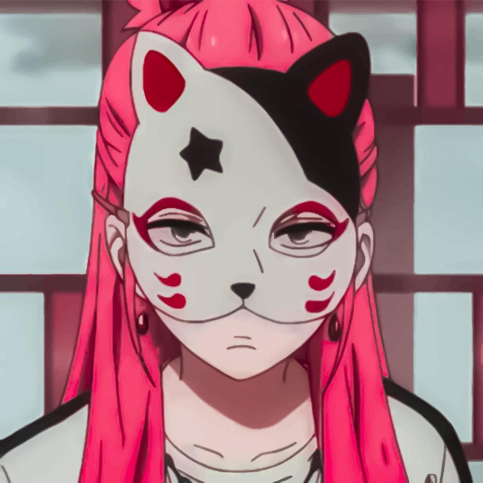 anime flicka med rosa hår i en katt mask vektor