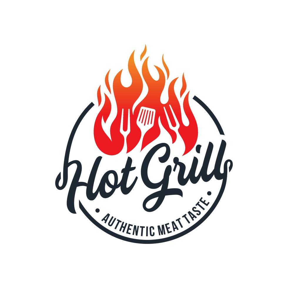 Vintage gegrilltes Barbecue-Logo, Retro-BBQ-Vektor, Feuergrill-Essen und Restaurant-Symbol, rotes Feuer-Symbol vektor