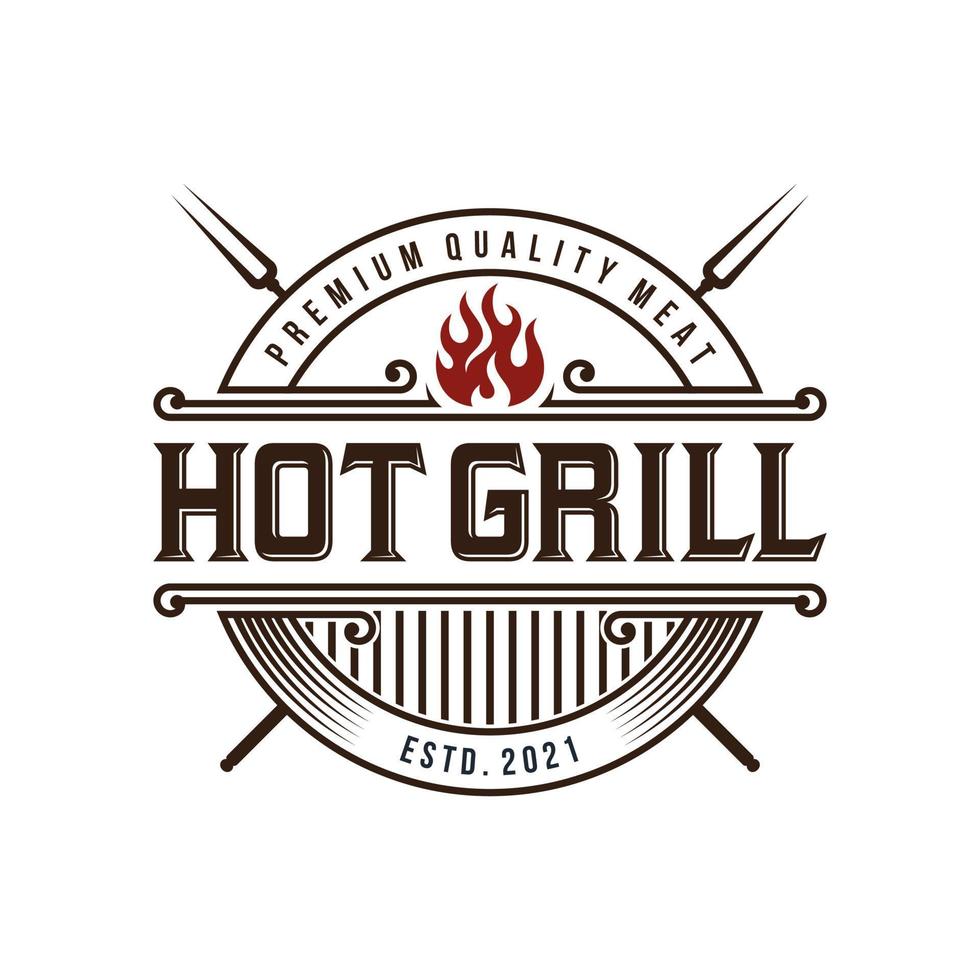 Vintage gegrilltes Barbecue-Logo, Retro-BBQ-Vektor, Feuergrill-Essen und Restaurant-Symbol, rotes Feuer-Symbol vektor
