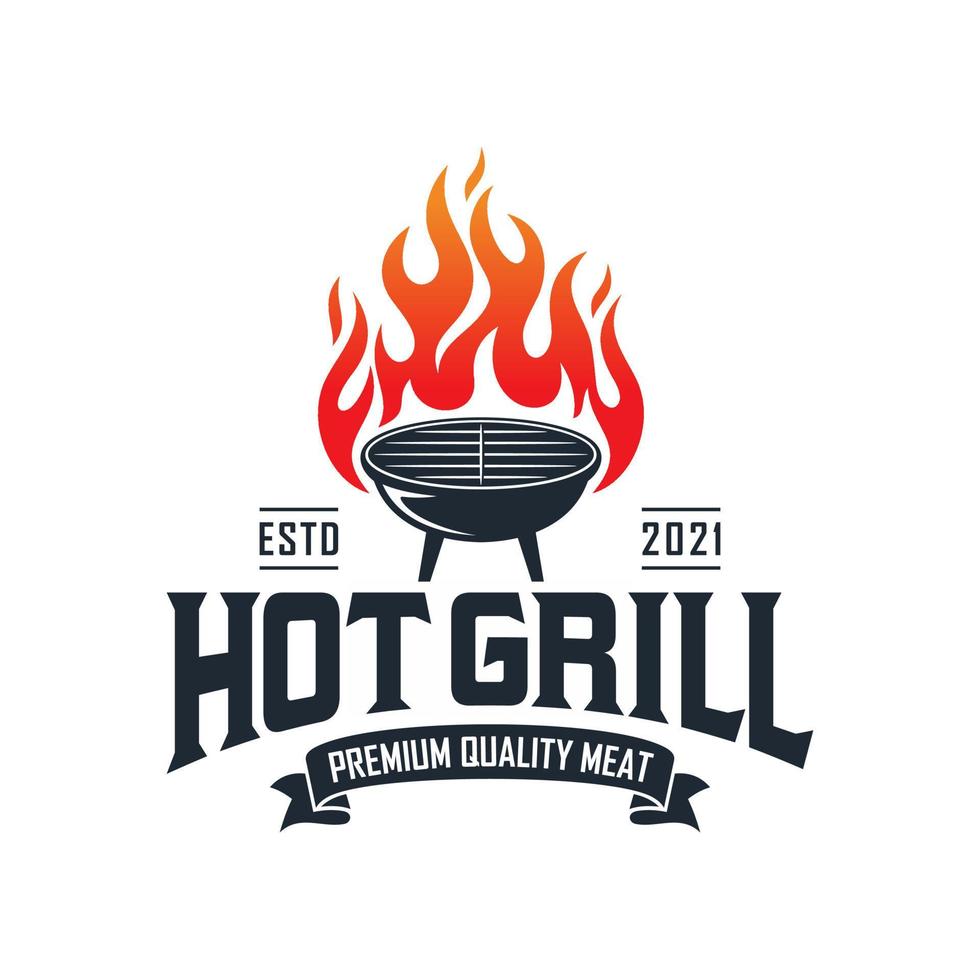 vintage grillad grill logotyp, retro bbq vektor, eld grill mat och restaurang ikon, röd eld ikon vektor