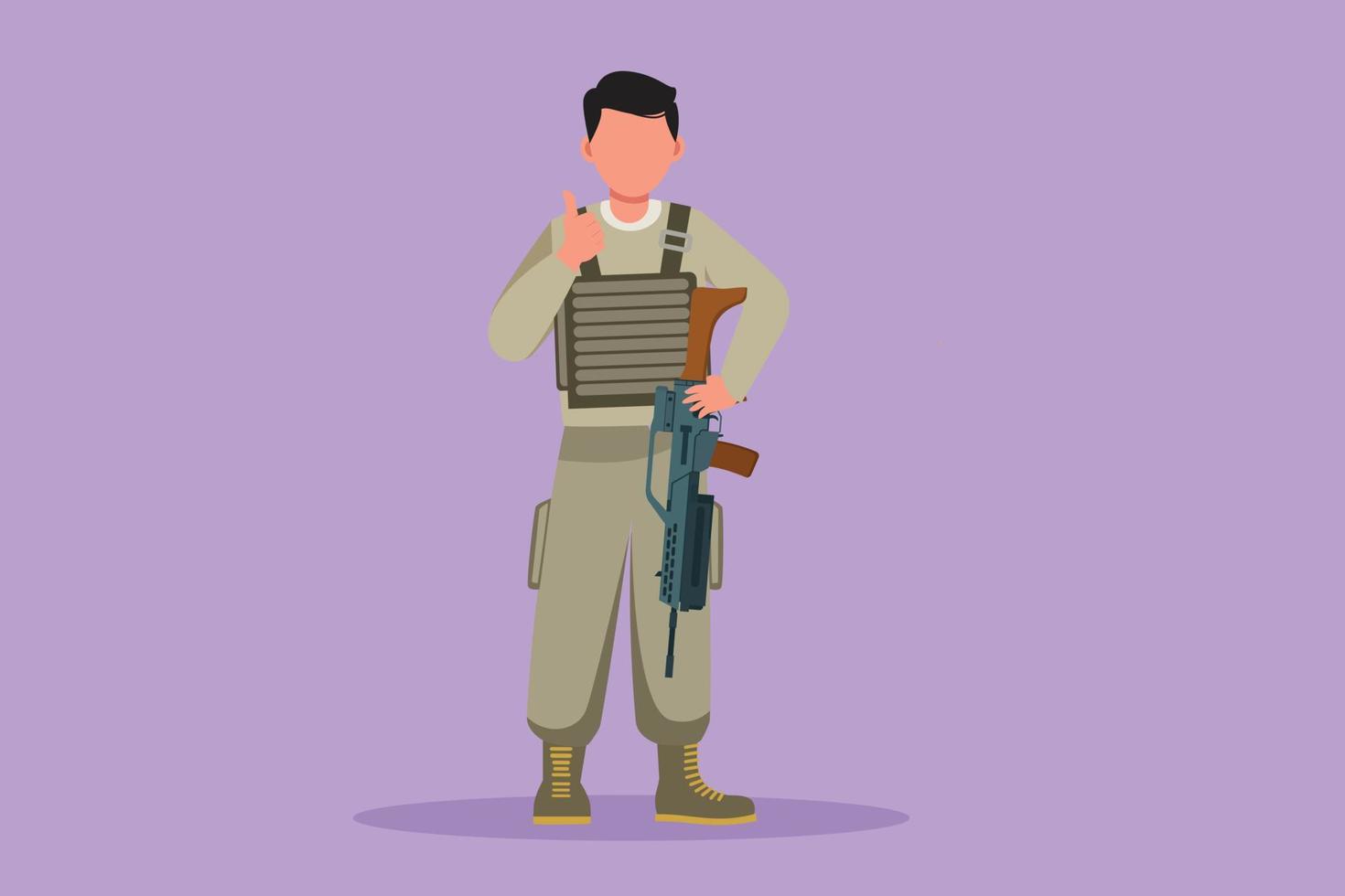 flacher karikaturstil, der männliche soldaten oder armeen zeichnet, die mit waffen, vollen uniformen und daumen nach oben gesten stehen, die dem land mit der stärke der streitkräfte dienen. Grafikdesign-Vektorillustration vektor