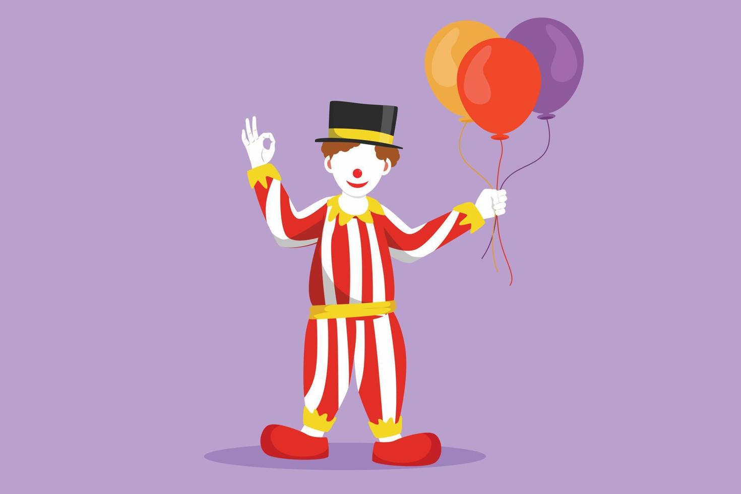 charakterflache zeichnung des lustigen clowns, der luftballons mit geste ok hält, hut und clownkostüm trägt, das bereit ist, das publikum in der zirkusarena zu unterhalten. Cartoon-Design-Vektor-Illustration vektor