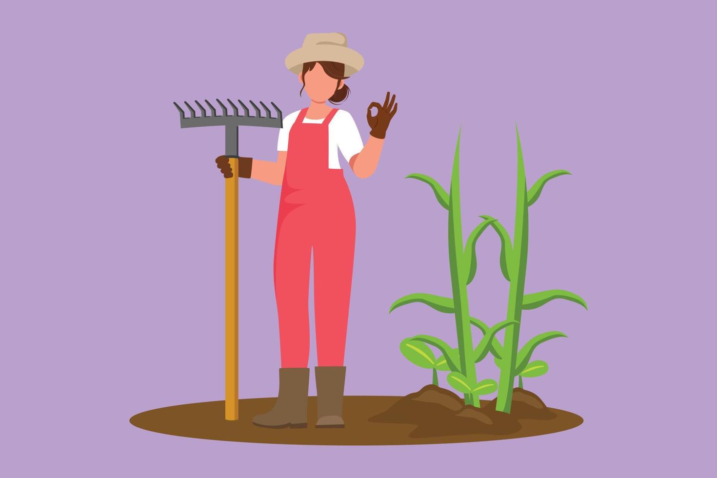 tecknad serie platt stil teckning söt kvinna jordbrukare stående med Okej gest, bär sugrör hatt och bärande räfsa till växt gröda på jordbruksmark. lantlig jordbruks arbetstagare. grafisk design vektor illustration