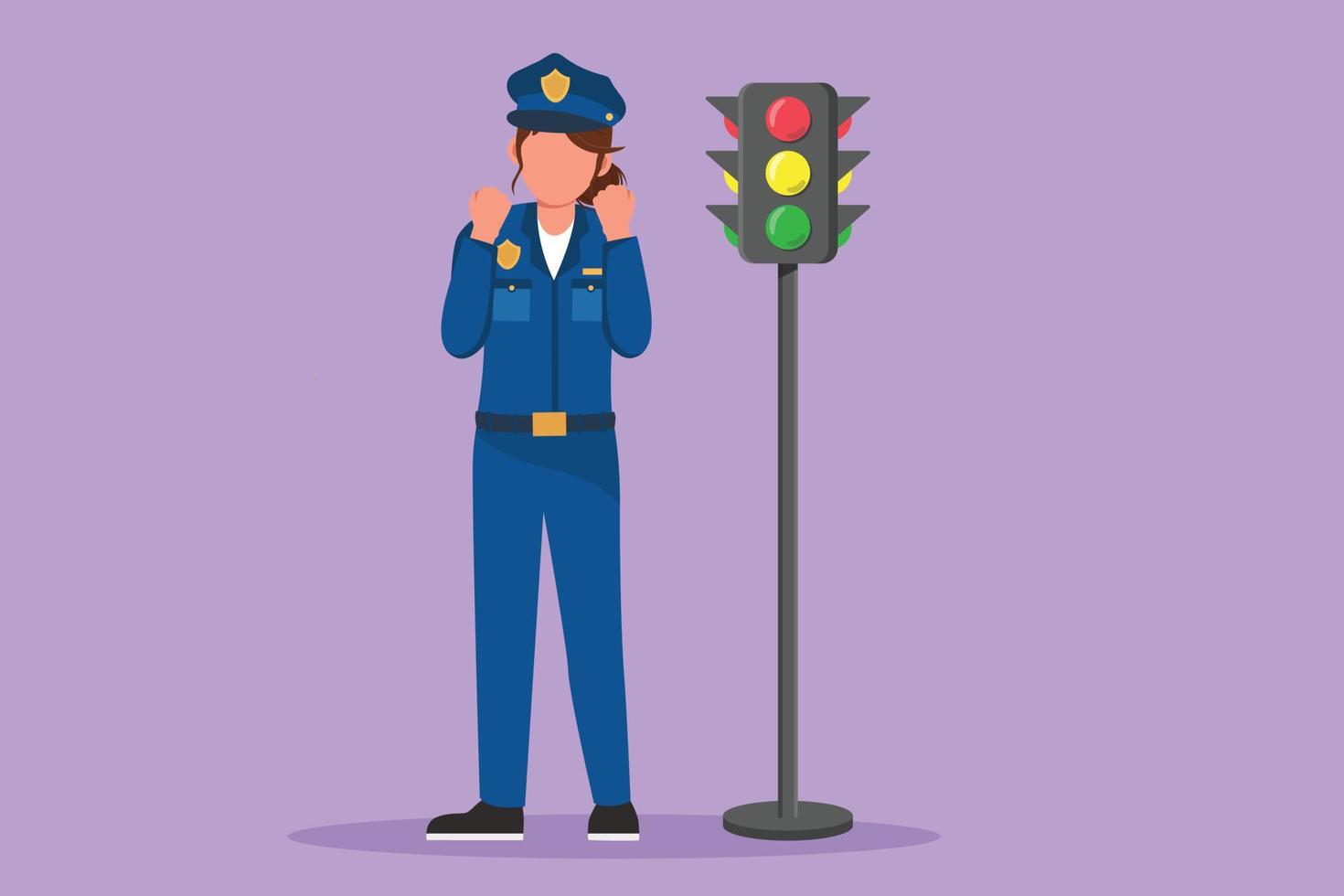 tecknad serie platt stil teckning av Lycklig poliskvinna stående nära trafik ljus i full enhetlig med fira gest och arbetssätt till kontrollera fordon trafik på motorväg. grafisk design vektor illustration