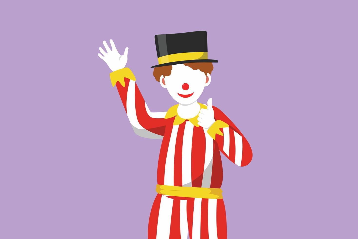 grafisches flaches design, das männliche clownhand zeichnet, sagt hallo und die andere hand mit daumen hoch geste. tragender Hut und lächelndes Gesichtsmake-up. Unterhalten Sie Kinder auf der Geburtstagsfeier. Cartoon-Stil-Vektor-Illustration vektor