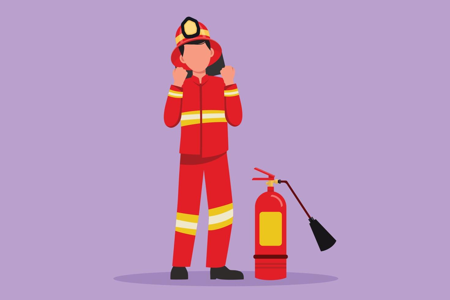 karaktär platt teckning brandmän stående med brand eldsläckare bär hjälm och enhetlig med fira gest. arbetssätt till släcka brand i bränna byggnad. tecknad serie design vektor illustration