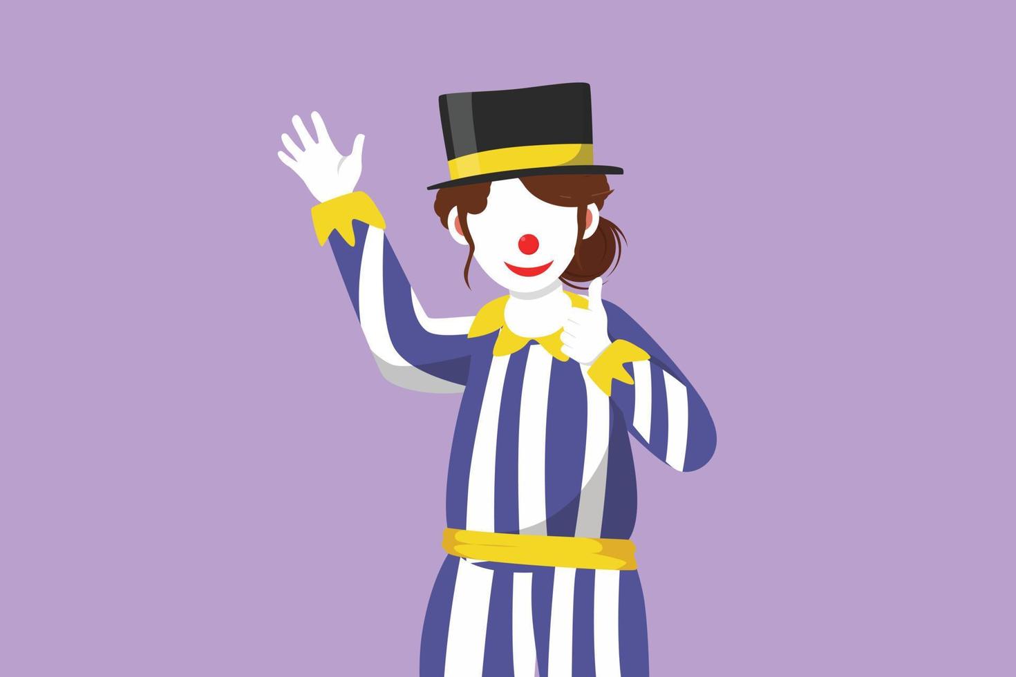 tecknad serie platt stil teckning kvinna clown hand säga Hej och de Övrig hand med tummen upp gest. bär hatt och leende ansikte smink. underhålla barn på födelsedag fest. grafisk design vektor illustration