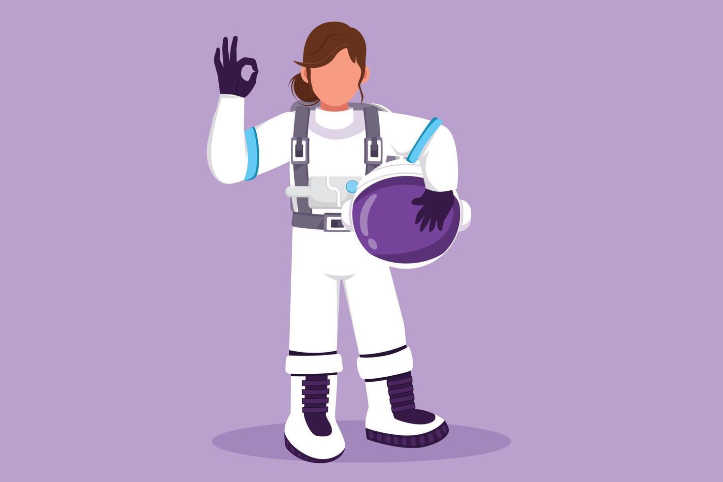 charakter flache zeichnung schönheit astronautin steht mit okay geste im raumanzug und erkundet erde, mond, andere planeten im universum. Weltraumexpedition starten. Cartoon-Design-Vektor-Illustration vektor