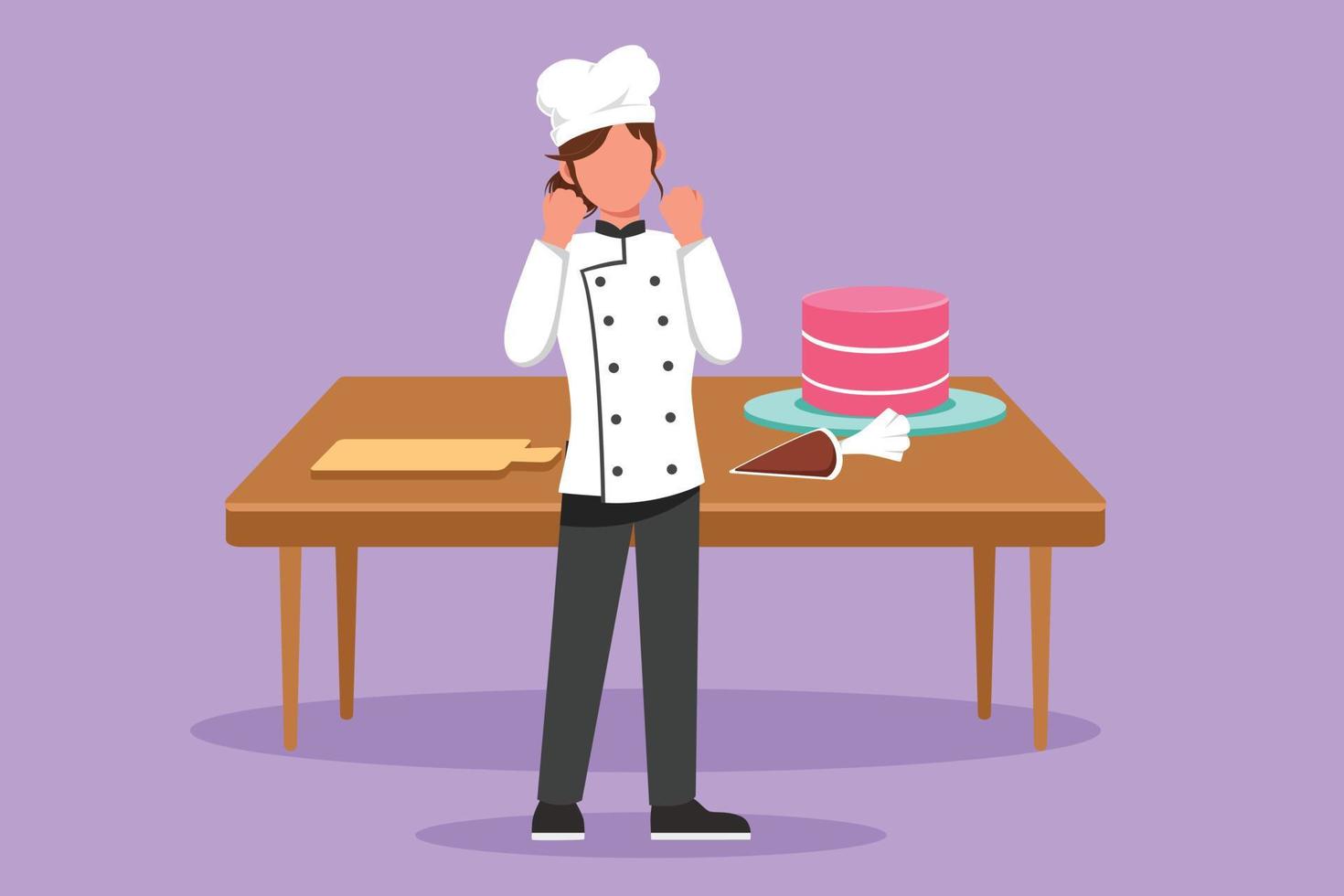 grafisk platt design teckning av kvinna kock stående med fira gest och matlagning enhetlig förbereda ingrediens till laga mat bäst maträtter. kock med ljuv kaka på tabell. tecknad serie stil vektor illustration
