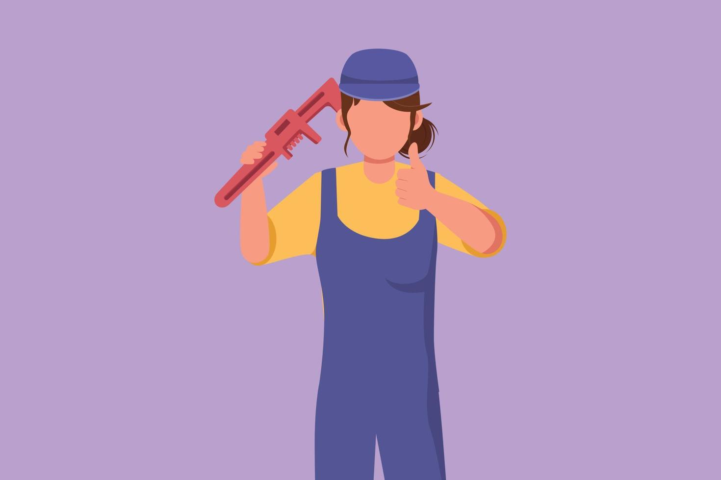 grafisk platt design teckning kvinna rörmokare innehav rycka och ha på sig hjälm med tummen upp gest, redo till arbete på reparation läckande dränera i handfat och hus avlopp. tecknad serie stil vektor illustration