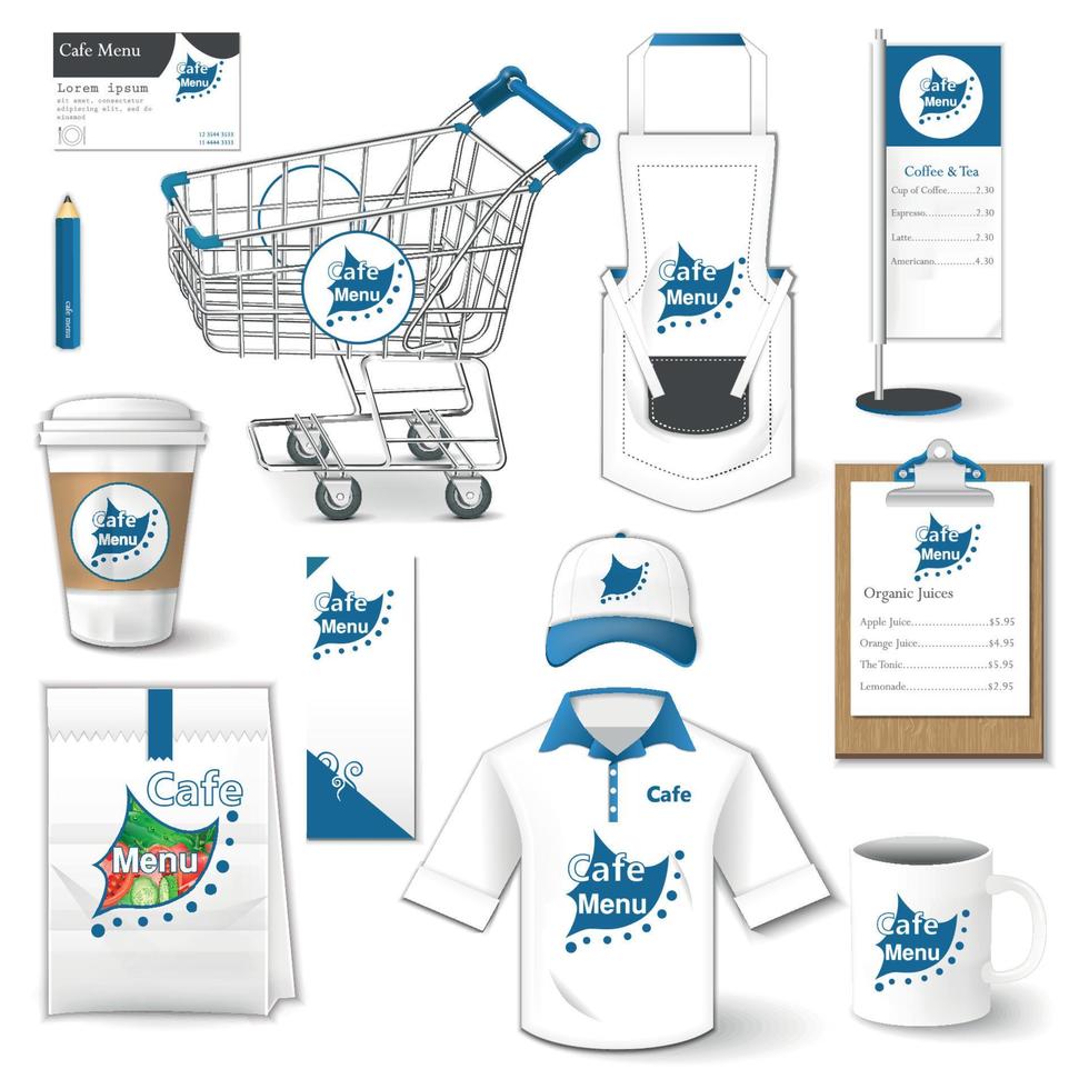 uppsättning av företags- identitet, enhetlig, flygblad, skjorta, kopp, vagn, meny, paket, förkläde, kaffe kopp vektor illustration