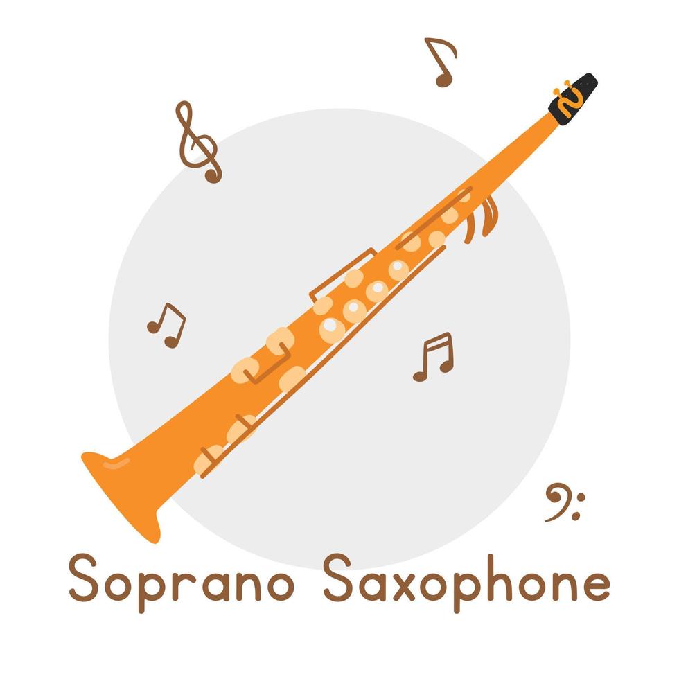 Goldenes Sopransaxophon Clipart Cartoon-Stil. einfache niedliche sopran-messing-musikinstrument flache vektorillustration. Blechblasinstrumente handgezeichneter Doodle-Stil. Blasinstrument Sopran-Vektor-Design vektor