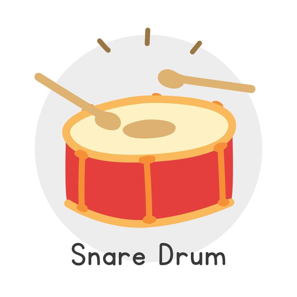 Snare-Drum-Clipart-Cartoon-Stil. einfache niedliche trommel und trommelstöcke percussion musikinstrument flache vektorillustration. schlaginstrument handgezeichnetes gekritzel. rotes Snaredrum-Vektordesign vektor