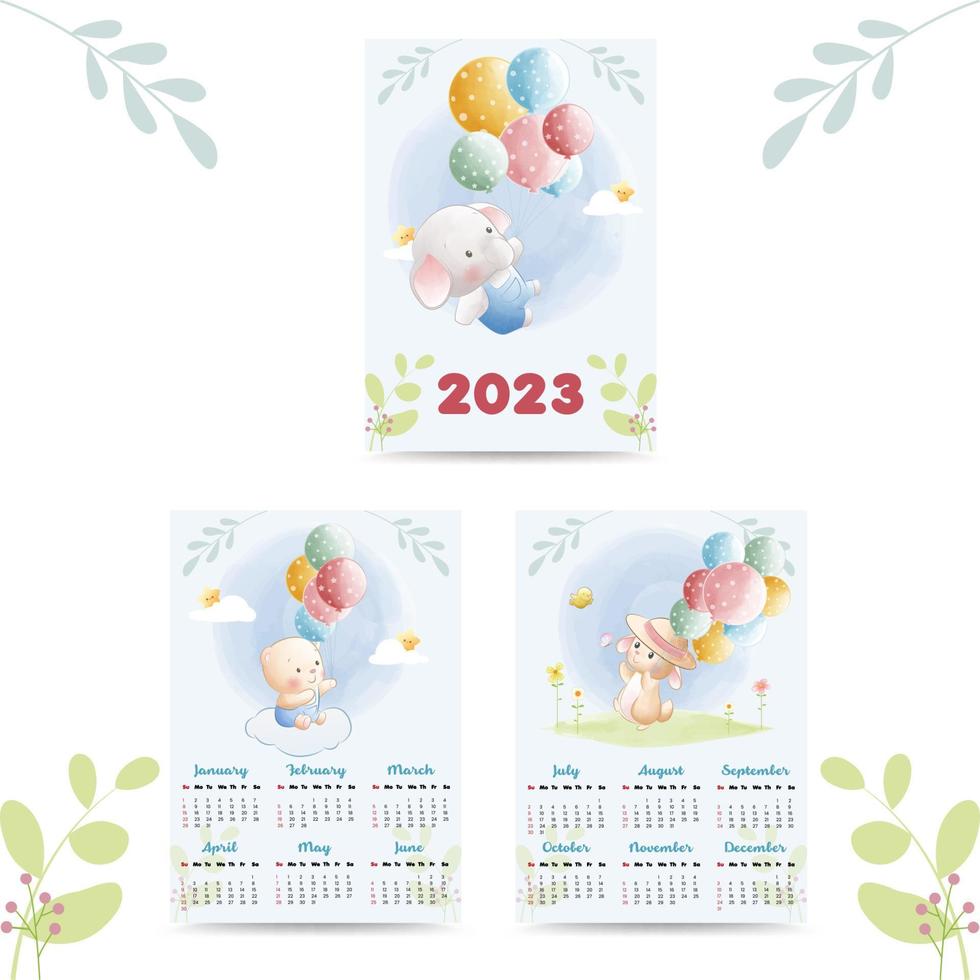 kalender 2023 med söt djur illustration vattenfärg stil vektor