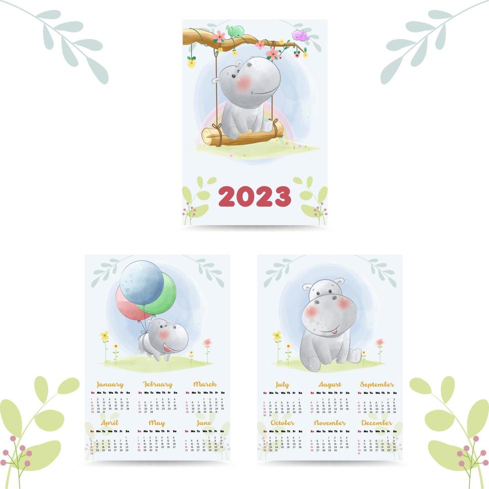 kalender 2023 med söt djur illustration vattenfärg stil vektor